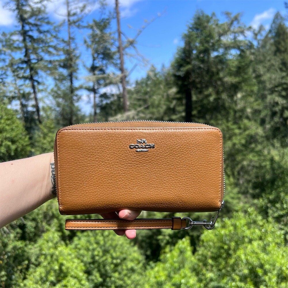 COACH Long Zip-Around Brown Pebble Leather Wallet with Silver Hardware AUTHENTIC - Picture 1 of 12